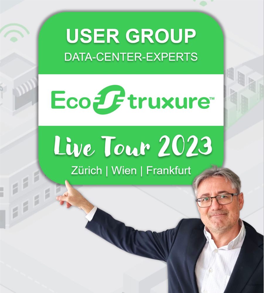 Wolfgang Briem vor dem Logo der EcoStruxure User Group Live Tour 2023